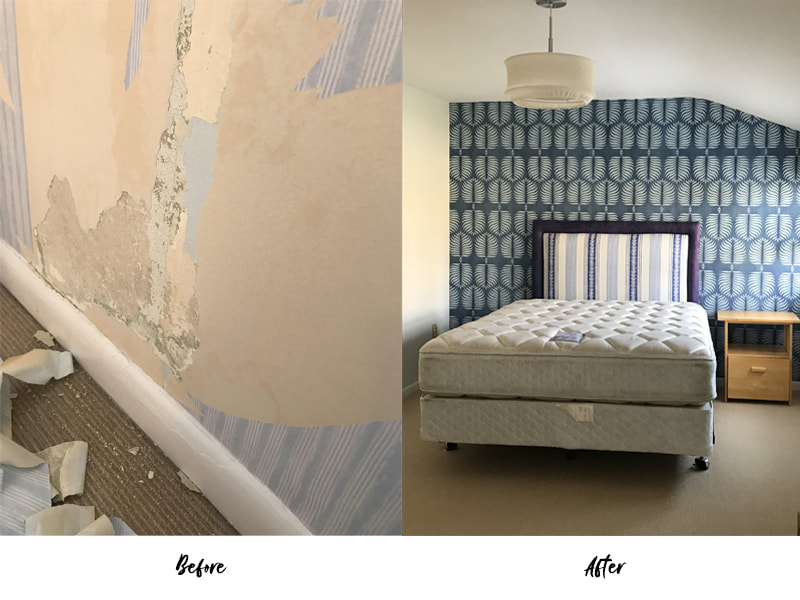 Bedroom wall before preparation and after patterned wallpaper installation